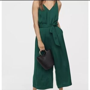 H&M emerald green satin belted cropped leg jumpsuit sz 12